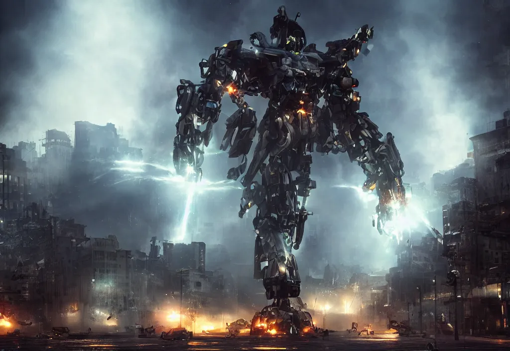 Image similar to mecha peronist destroying a city, photorealistic, film, cinematic lighting, octane tender, volumetric light, dark - art