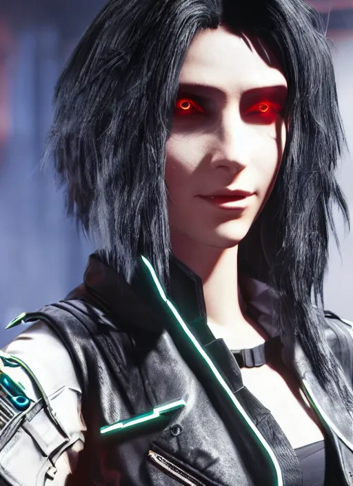 Image similar to black haired woman in a trench coat in a black cyberpunk 2 0 7 7, intricate, ultra detailed, face enhance, realistic