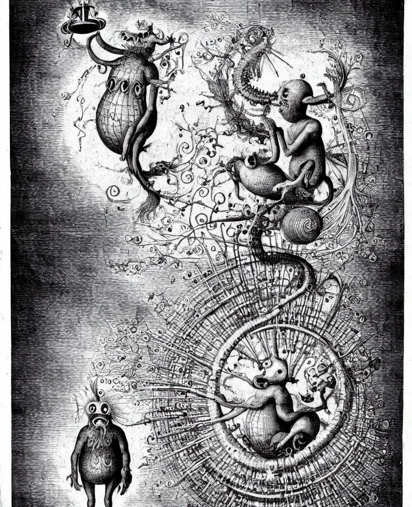 Prompt: whimsical freaky creature sings a unique canto about'as above so below'being ignited by the spirit of haeckel and robert fludd, breakthrough is iminent, glory be to the magic within, in honor of jupiter