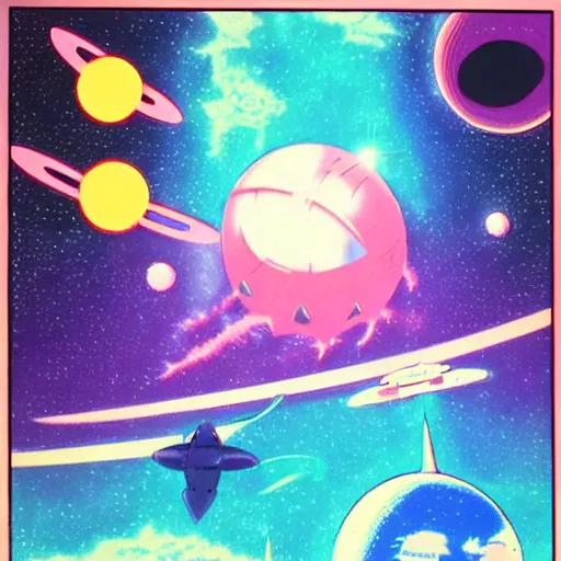 Image similar to Spaceship Battle, 80s Anime Style, extraterrestrial planet, cel shade, pastel color palette