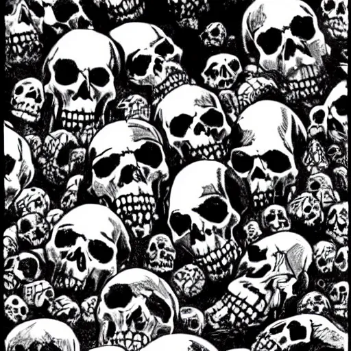 Image similar to Skulls lying under a dead tree. Close Up Shot, Dark Fantasy, Film Noir, Black and White. High Contrast, Mike Mignola, D&D, OSR