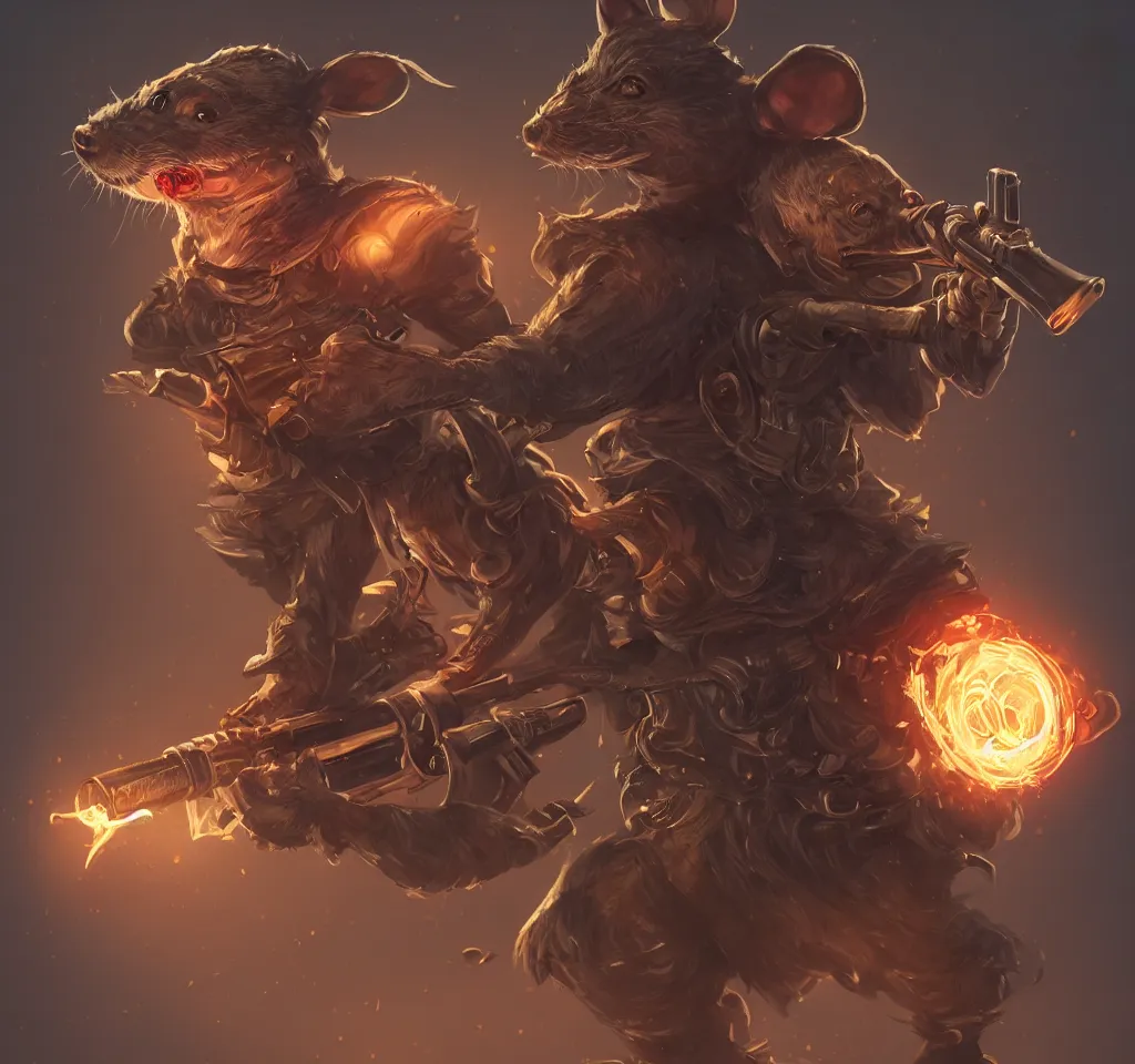 Image similar to a highly detailed illustration of a anthropomorphic rat wearing a long coat holding a wooden shotgun, glowing eyes, dramatic standingm muscular, intricate, elegant, highly detailed, centered, digital painting, artstation, concept art, smooth, sharp focus, league of legends concept art, wlop