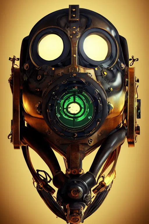 Image similar to steampunk mask minimalist fantasy art robot ninja helmet, global illumination ray tracing hdr fanart arstation by sung choi and eric pfeiffer and gabriel garza and casper konefal radiating a glowing aura