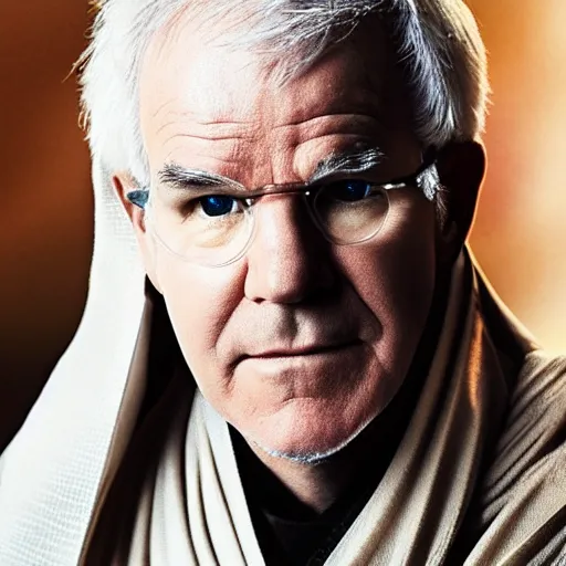 Prompt: “Steve Martin as Obi Wan Kenobi. Detailed portrait, shallow focus, 8k.”