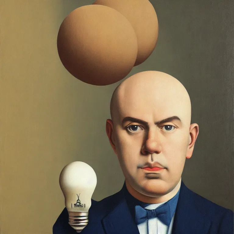 Prompt: portrait of a man, his head is a lightbulb, by rene magritte, detailed painting, hd, hq, high resolution, high detail, 4 k, 8 k