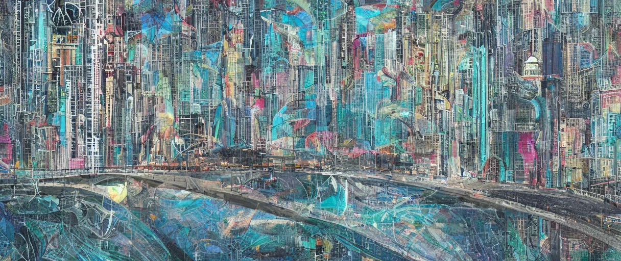 Prompt: a modern futuristic architecture building along a river, seen from the long distance. people walking on a bridge. highly focused mixed media collage, baroque embroidery rich fabric textures. childrenbook illustration in vibrant pastel tones. shiny, lucid, lighty. matte background. HD 8x