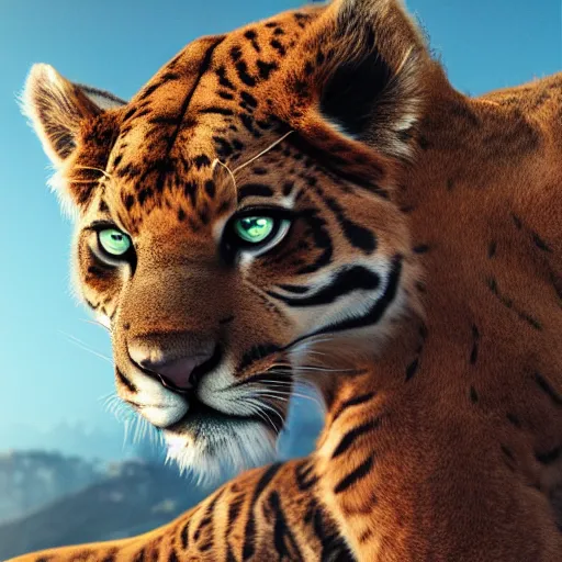 Image similar to mix of puma and jaguar and lion and tiger jumping over a cliff, giant cat monster, 8 k ultra realistic animal, detailed intricate fur, flame in the fur, full of colour, cinematic lighting, battered, trending on artstation, 4 k, hyperrealistic, focused, extreme details, unreal engine 5, cinematic, masterpiece, art by ayami kojima