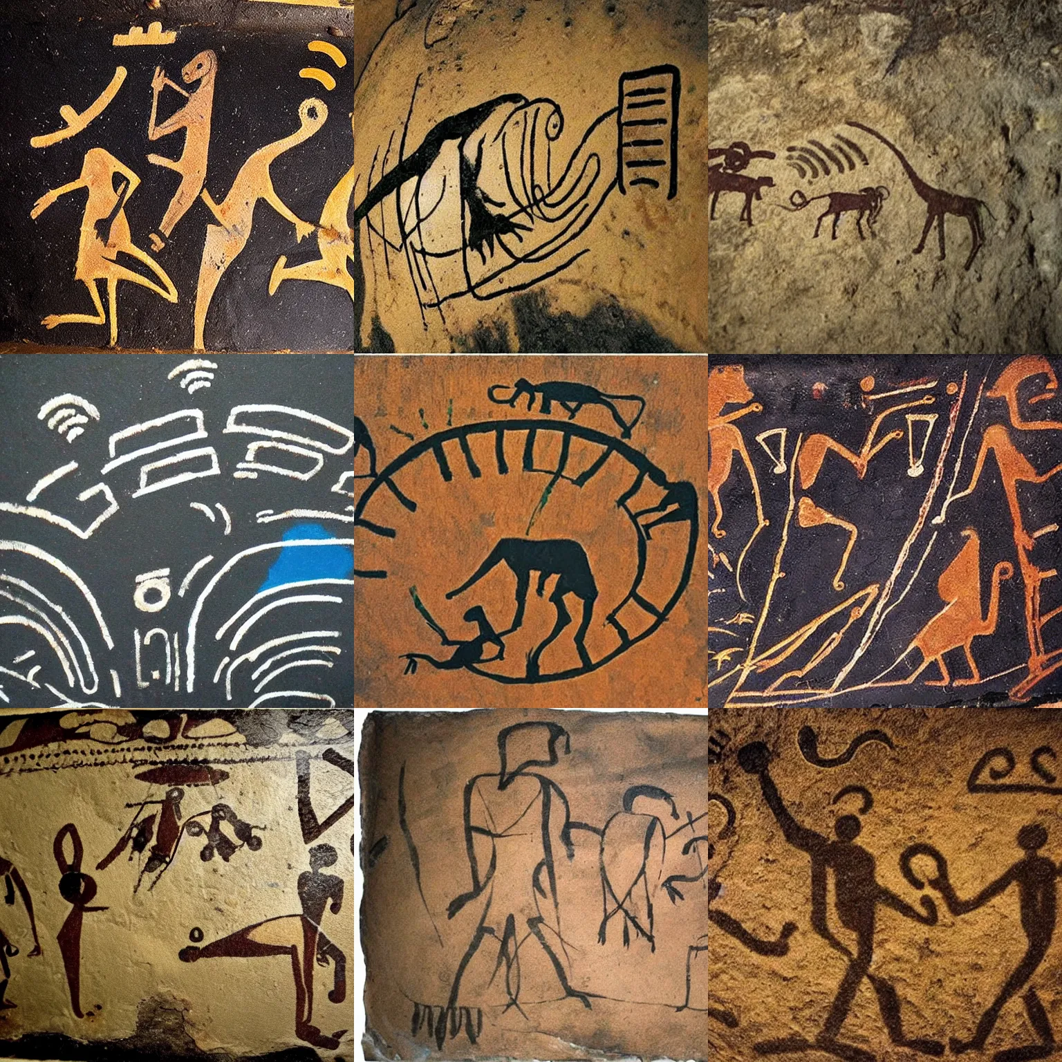 Prompt: prehistoric cave painting depicting the discovery of WiFi