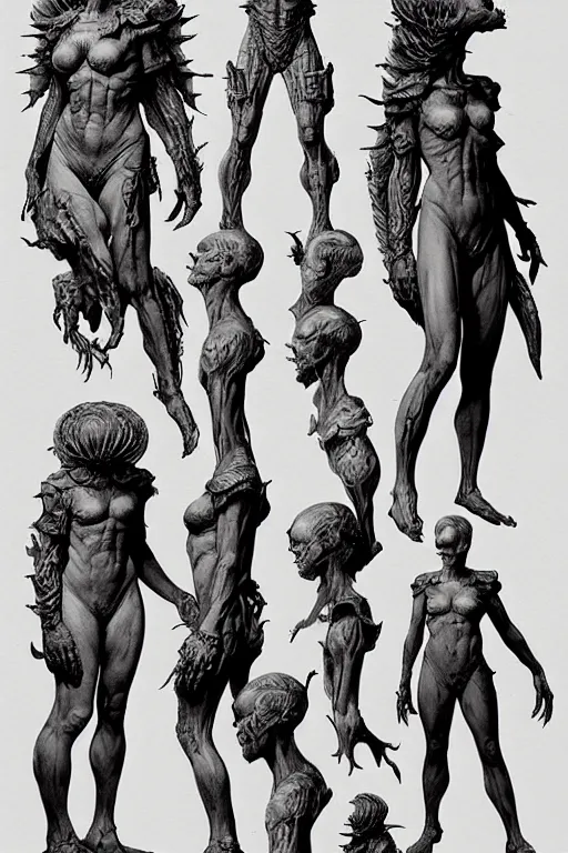 Image similar to a character sheet in the style of wayne barlowe, gustav moreau, goward, bussiere, roberto ferri, santiago caruso, luis ricardo falero, frazetta