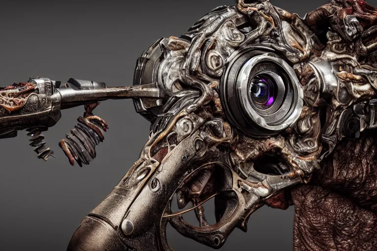 Image similar to a bionical revolver made from the rotten flesh and bones, perfect studio light, hypnotic, mind - bending, incomprehensible, 8 k, 3 0 mm lens, epic studio shot, ultra detailed, object photoshooting, octane render