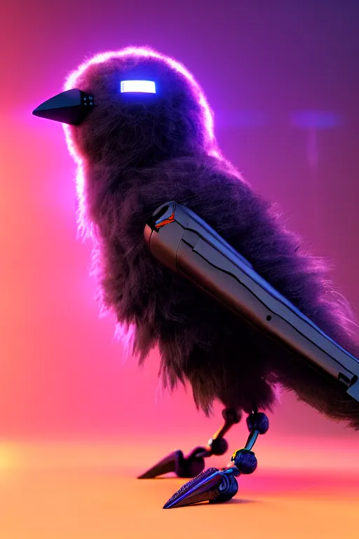 Image similar to high quality 3 d render very cute fluffy cyborg crow! sings into microphone, cyberpunk highly detailed, unreal engine cinematic smooth, in the style of blade runner & detective pikachu, hannah yata charlie immer, moody light, low angle, uhd 8 k, sharp focus