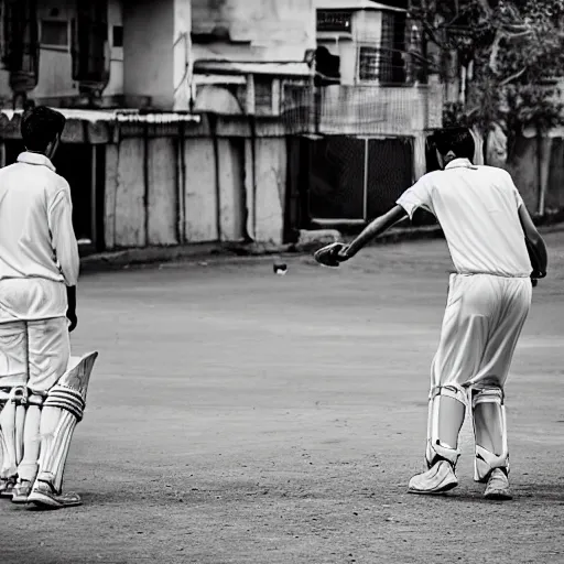 Image similar to four guys playing a game of cricket, on an indian street, award winning image, national geographic, dslr 3 0 mm image, black and white, wow, gorgeous