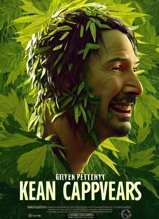 Image similar to highly detailed comedy caper movie poster with silly wacky zany keanu reeves as a sentient pile of leaves, keanu reeves green face as a sentient leafy bush by greg rutkowski, masterpiece, really funny, 1 0 / 1 0 comedy