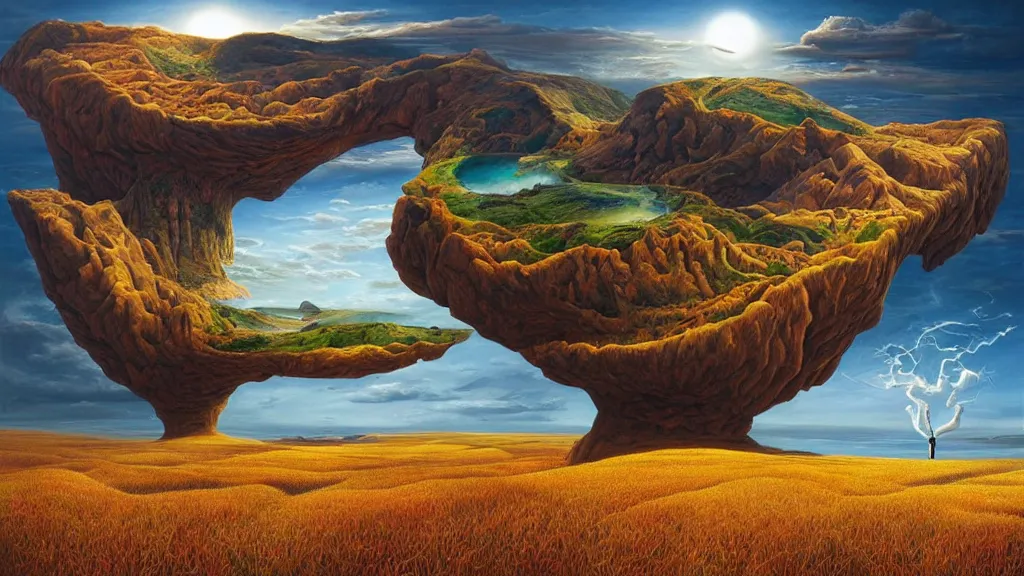 Image similar to surreal landscape with anthropomorphic!!! terrain!!! in the styles of igor morski, jim warren, and rob gonsalves, intricate, hyperrealistic, volumetric lighting, big sky, distinct horizon