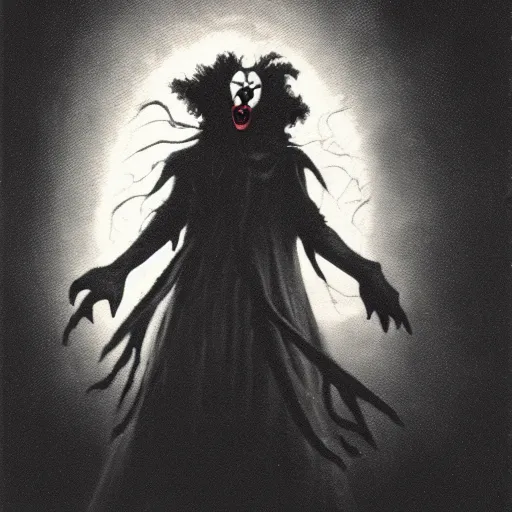 Prompt: Silhouette of a scary clown by Gerald Brom, film grain