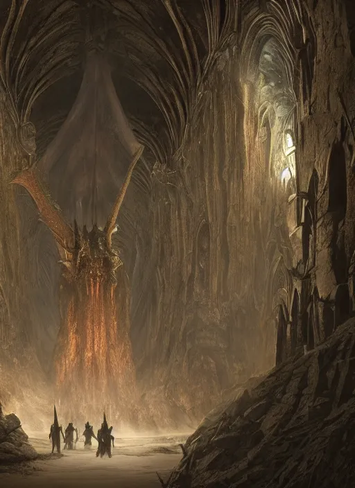 Image similar to medieval adventurers in the lord of the rings scenery landscape, inside an enormous alien cathedral, tarrasque, portal to another dimension, highly detailed, cinematic lighting, perfect composition, 4 k, gustave dore, derek zabrocki, greg rutkowski, beksinski, octane render