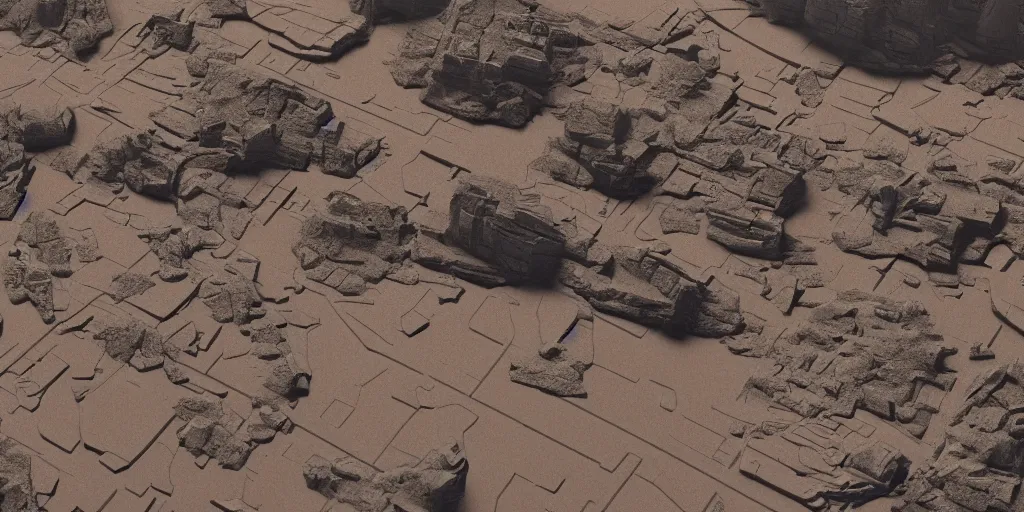 Image similar to flat surface, sci-fi rocky terrain birds eye view close up in the style of a miniature movie sets and 1980s matte paintings by Lucasfilm ultra realistic, 4K, movie still, UHD, sharp, detailed, cinematic, render, star wars, star trek, 1970s