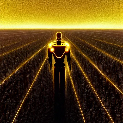 Prompt: digital painting of a glowing god with gold wires levitating in a wheat field, smooth and advanced robotic suit, lightning in sky, at night, stunning, cinematic lighting, concept art by greg rutkowski and simon stalenhag, artstation, cinematic, masterpice, insanely detailed, very realistic