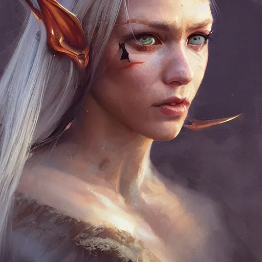 Prompt: A head-on detailed oil portrait of a pretty elf woman with small cuflhcopper horns, long blonde hair and bright irises, by greg rutkowski, trending on artstation, dungeon and dragons art