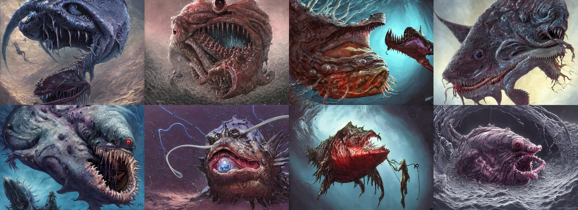 Prompt: a nightmarish anglerfish, with mouth wide open, emerging from the dark, underwater, by neville page and wayne barlowe, ( ( ( horror art ) ) ), close up, wide angle, dramatic lighting, highly detailed digital painting