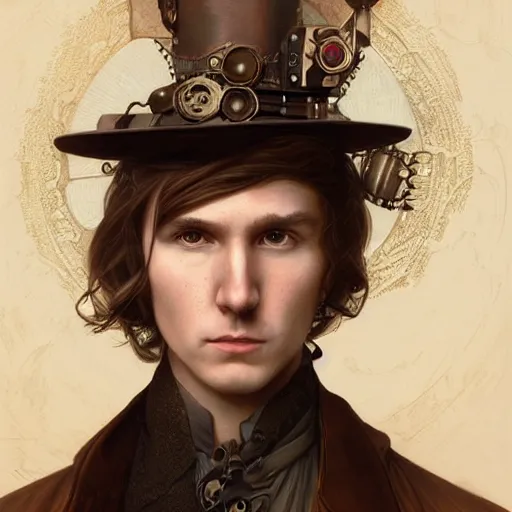 Image similar to portrait of paul dano, steampunk, fantasy, elegant, intricate, highly detailed, digital painting, artstation, matte, deep focus, art by artgerm and greg rutkowski and alphonse mucha