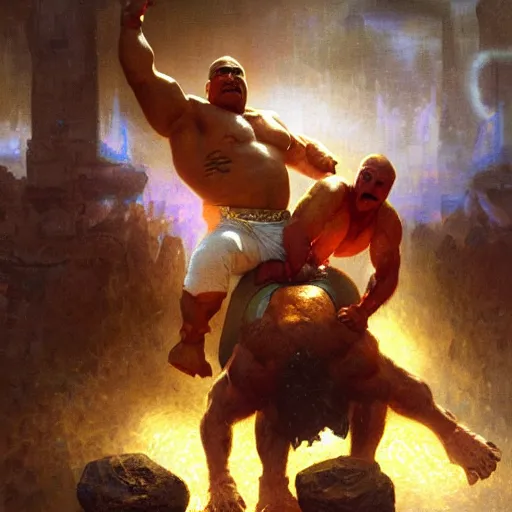 Image similar to the iron sheik breaking hulk hogan's back, radiant light, caustics, heroic, bright iridescent light, by gaston bussiere, bayard wu, greg rutkowski, maxim verehin, epic wrestling combat, legendary