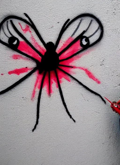 Prompt: a woman's graffiti on a white wall with a red felt - tip pen. women's eyes are made of insect's compound eyes.