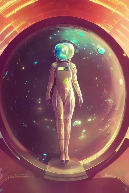 Image similar to portrait armored astronaut girl, floating inside spaceship command room viewing galaxy, ssci-fi mirror neon reflect light and fantasy, intricate and very very beautiful and elegant, highly detailed, digital painting, artstation, concept art, smooth and sharp focus, illustration, art by tian zi and WLOP and alphonse mucha