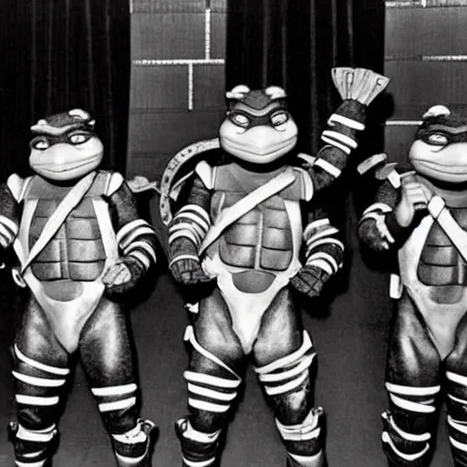 Image similar to fab four teenage mutant ninja turtles on the ed sullivan show black and white tv