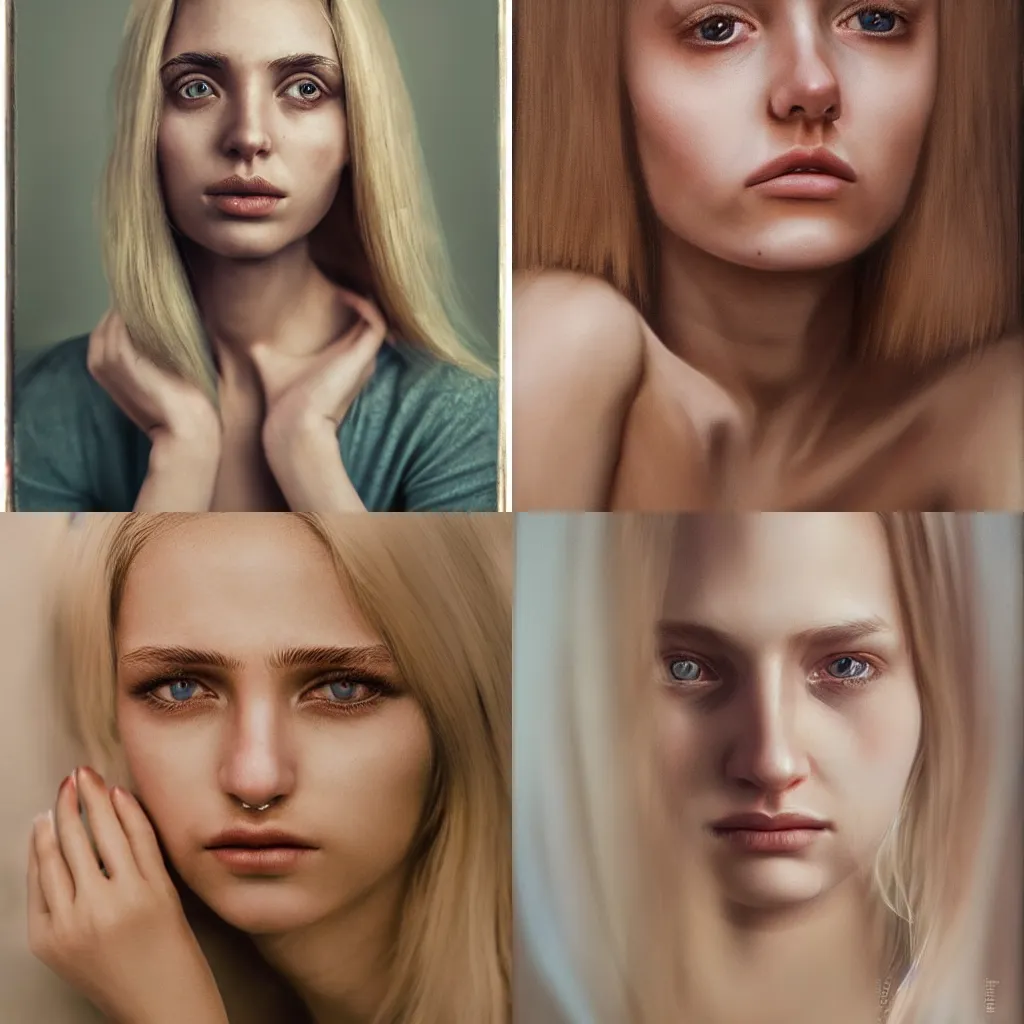 Prompt: sensual tender blonde haired woman, teary eyes, highly detailed, beautiful portrait by Aykut Aydogdu, studio lighting