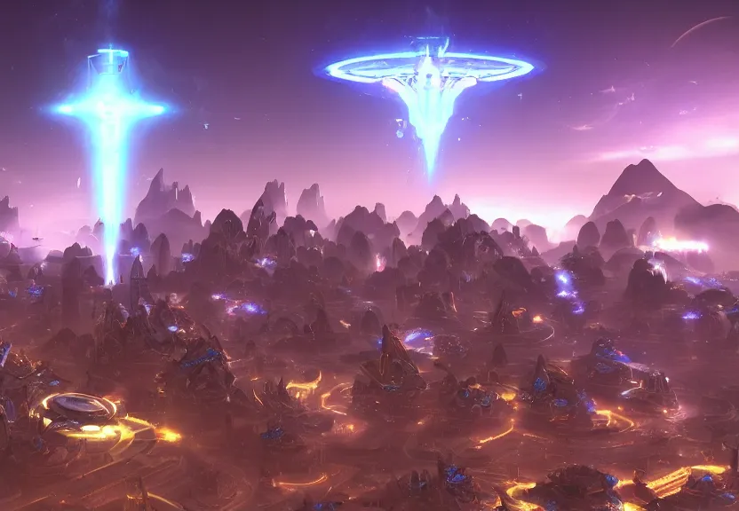 Image similar to protoss spaceship hovering above protoss city, with zerg forces in the distances beautiful art uhd 4 k, artstation, hdr, 4 k, incredible detail, cinematic lighting, unreal engine 5