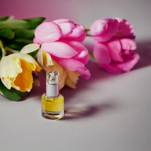 Prompt: perfume bottle sitting on a pile of pale pink and yellow flowers close shot, light pink background, softly - lit, soft - femme, zen, light, modern minimalist f 2 0 clean