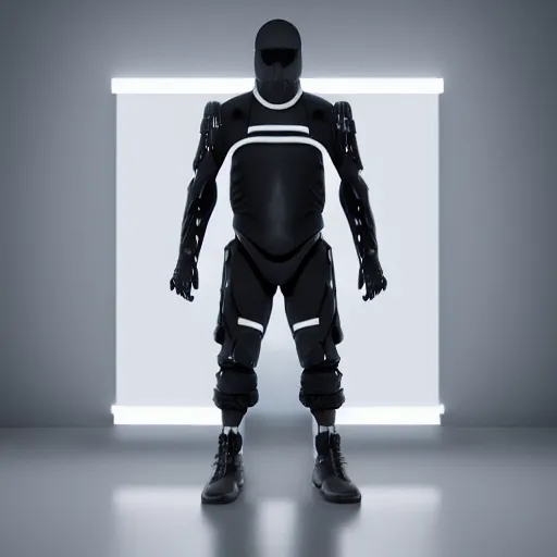 Image similar to photo of futuristic techwear black costume on the white background, 8k, octane render,