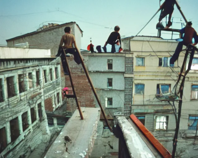 Image similar to lomo photo of roofjumpers climbing on roof of soviet hrushevka, small town, cinestill, bokeh, out of focus