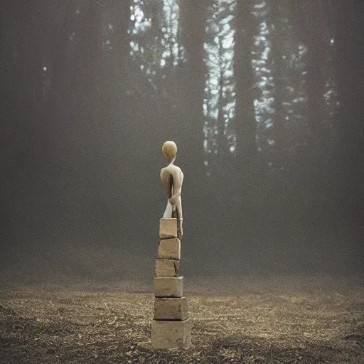 Image similar to A beautiful sculpture of a small figure standing in the center of a dark, foreboding landscape. The figure is surrounded by strange, monstrous creatures, and there is a feeling of unease and dread. Gucci, liminal space by Elizabeth Gadd monumental