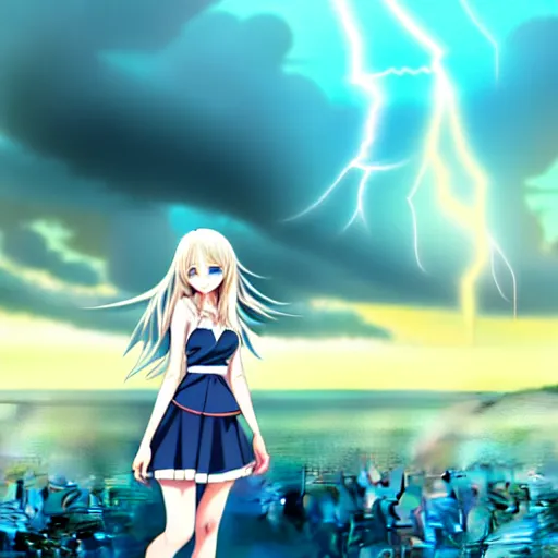 Image similar to a very beautiful anime cute girl, full body, long wavy blond hair, sky blue eyes, full round face, short smile, fancy top, miniskirt, front view, summer lake setting, storm weather, cinematic lightning, medium shot, mid-shot, highly detailed, cinematic wallpaper by Stanley Artgerm Lau