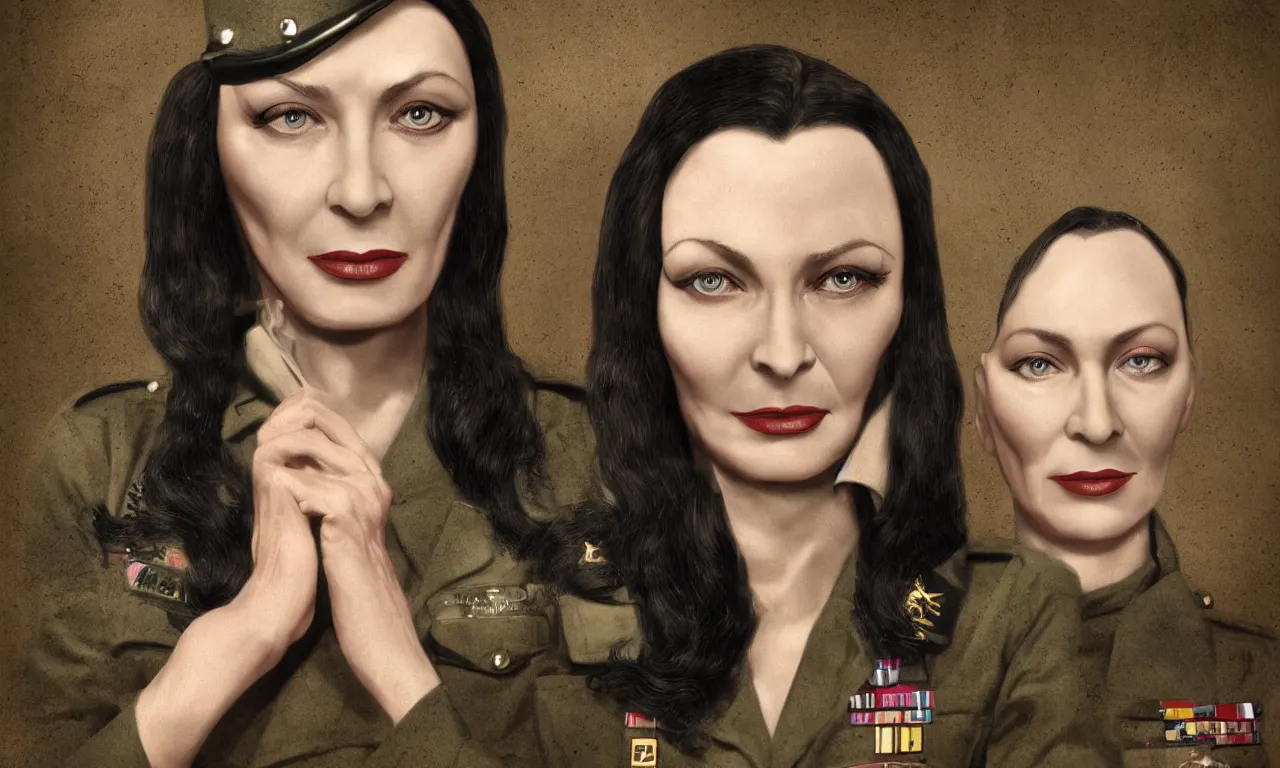 Prompt: Old Photograph portrait of Morticia Addam wearing a military uniform,portrait, photorealistic, hyperrealism, highly detailed, octane render, style by Richard Estes,