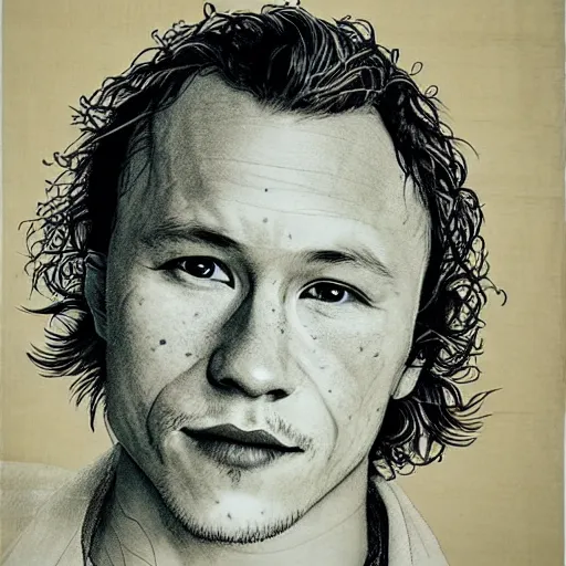 Prompt: “ heath ledger portrait by ikenaga yasunari and ayana otake and ko rakusui, 6 0 s poster, drawing, realistic, sharp focus, japanese, dreamy, nostalgia, faded, golden hues, floral clothes, porcelain skin ”