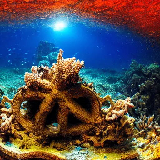 Image similar to treasure hidden under the coral in the ocean shipwreck, beautiful composition, wide angle, colorful, cinematic, volumetric lighting, intricate details painting