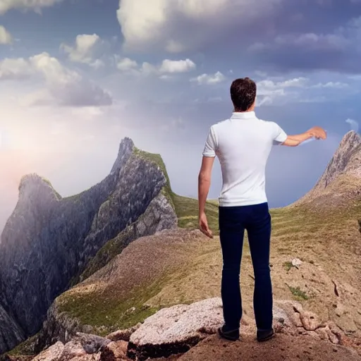 Prompt: hyper realistic man standing on mountain looking on the horizon, pictures from the back, pointing to the right, white hair, polo shirt, jeans, beautiful, optimistic, high quality