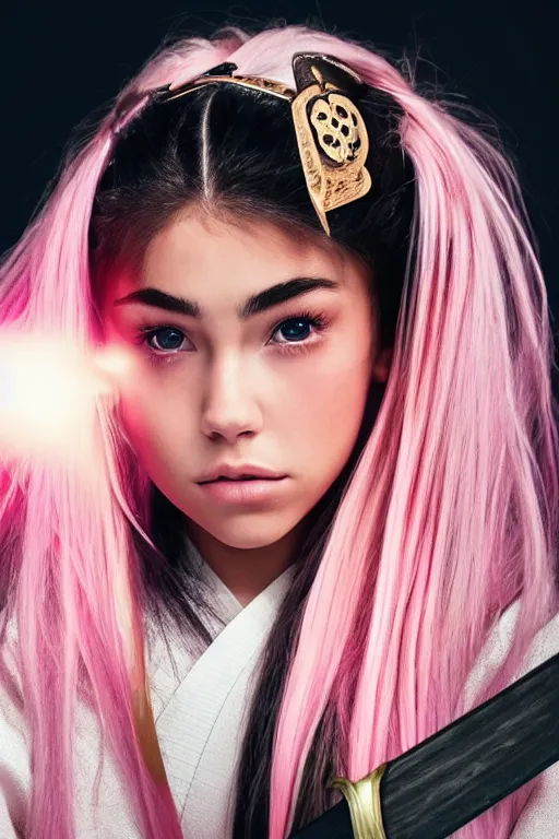 Image similar to highly detailed beautiful photo of madison beer as a young female samurai, practising her sword staces, symmetrical face, beautiful eyes, pink hair, realistic, 8 k, award winning photo, pastels colours, action photography, 1 / 1 2 5 shutter speed, sunrise lighting