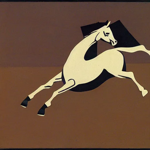 Prompt: horse flying over an austronaut that stays on the ground. by kazimir malevich