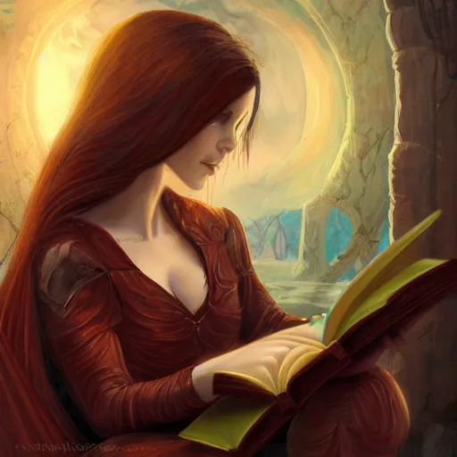 Prompt: a painting of a woman reading a book, a storybook illustration by Anne Stokes, featured on cgsociety, gothic art, wiccan, artstation hd, d&d