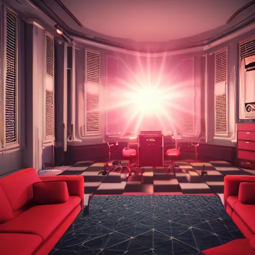 Image similar to A screenshot of a Virtual Reality music studio, living room vibe, Paris hotel style, red velvet furniture, light rays coming out of the windows, raytracing, highly detailed, futuristic, unreal engine 5, photoscanned, photorealistic,