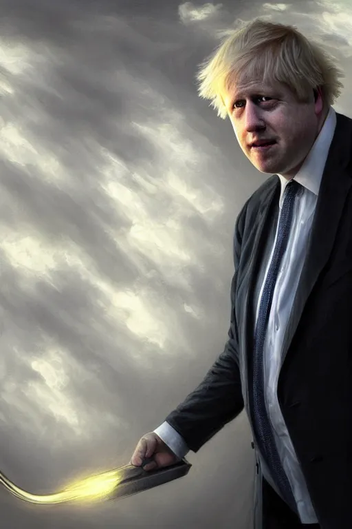 Prompt: a realistic portrait of Boris Johnson as Grim Reaper, masculine figure, bright hopeful atmosphere, volumetric lights, beam of bright light through the clouds, intricate, elegant, highly detailed, extremely detailed, digital painting, artstation, concept art, matte, smooth, sharp focus, hyper realistic, illustration, art by Artgerm and Greg Rutkowski and Alphonse Mucha