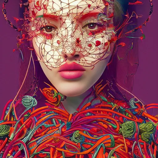 Image similar to the portrait of a beautiful and elegant young woman made up of peppers, an ultrafine detailed illustration by james jean, intricate linework, bright colors, final fantasy, behance contest winner, vanitas, angular, altermodern, unreal engine 5 highly rendered, global illumination, radiant light, detailed and intricate environment