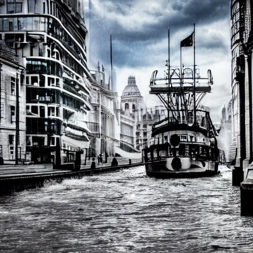 Image similar to surrealistic boat steamimg through the streets of London