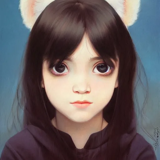 Image similar to a painting of cute innocent happy emo young adult, with long dark hair, thick eyebrows, dark eyes and dark circles wide nose, big eyes, oval face, big cheeks holding her cat, photorealistic painting by tran nguyen ilya kuvshinov and greg rutkowski featured on deviantart, detailed painting