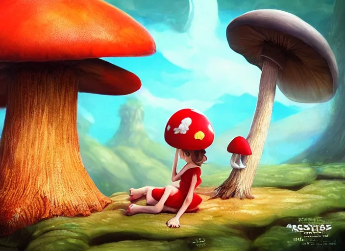 Image similar to a cute creature sitting next to a mushroom, dr seuss very pretty, artgerm lau, wlop, rossdraws, artstation, cgsociety, concept art, octane render, trending on artstation, artstationhd, artstationhq, unreal engine, 4 k, 8 k