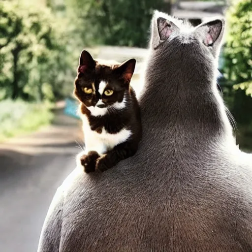 Prompt: photo of a cat riding on the back of a big dog